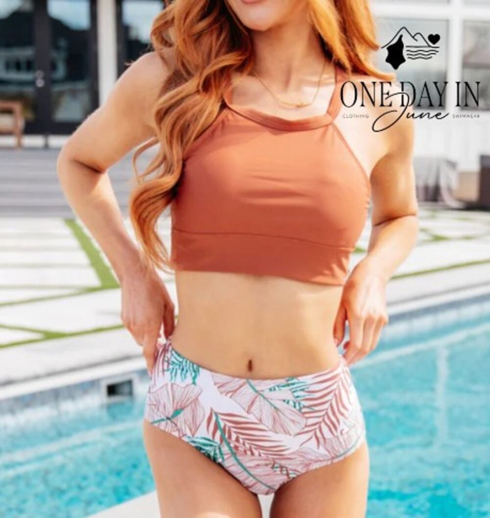 CharmLeaks High Neck High Waist Tropical Bikini Swimsuit Rust Size L
